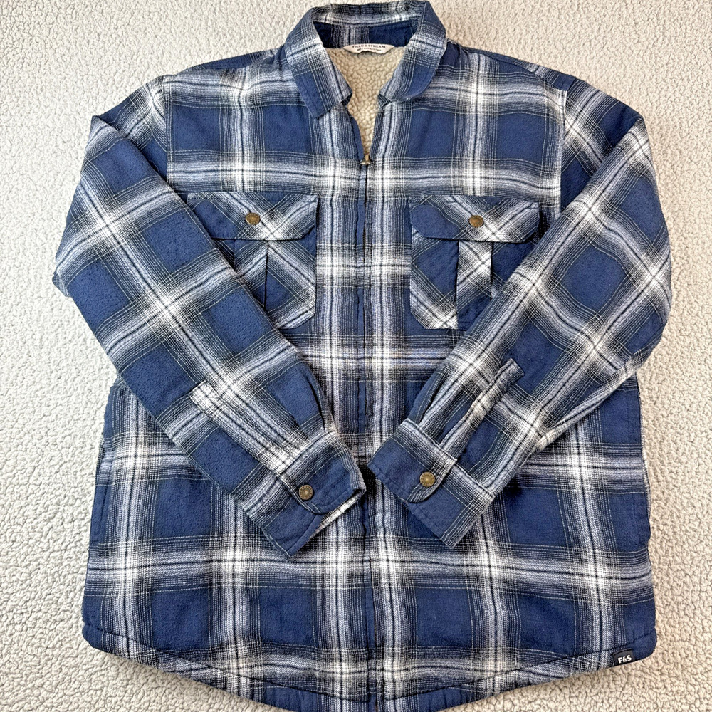 Field & Stream Blue Plaid Flannel Jacket Shacket Mens Medium Fleece Lined Pocket